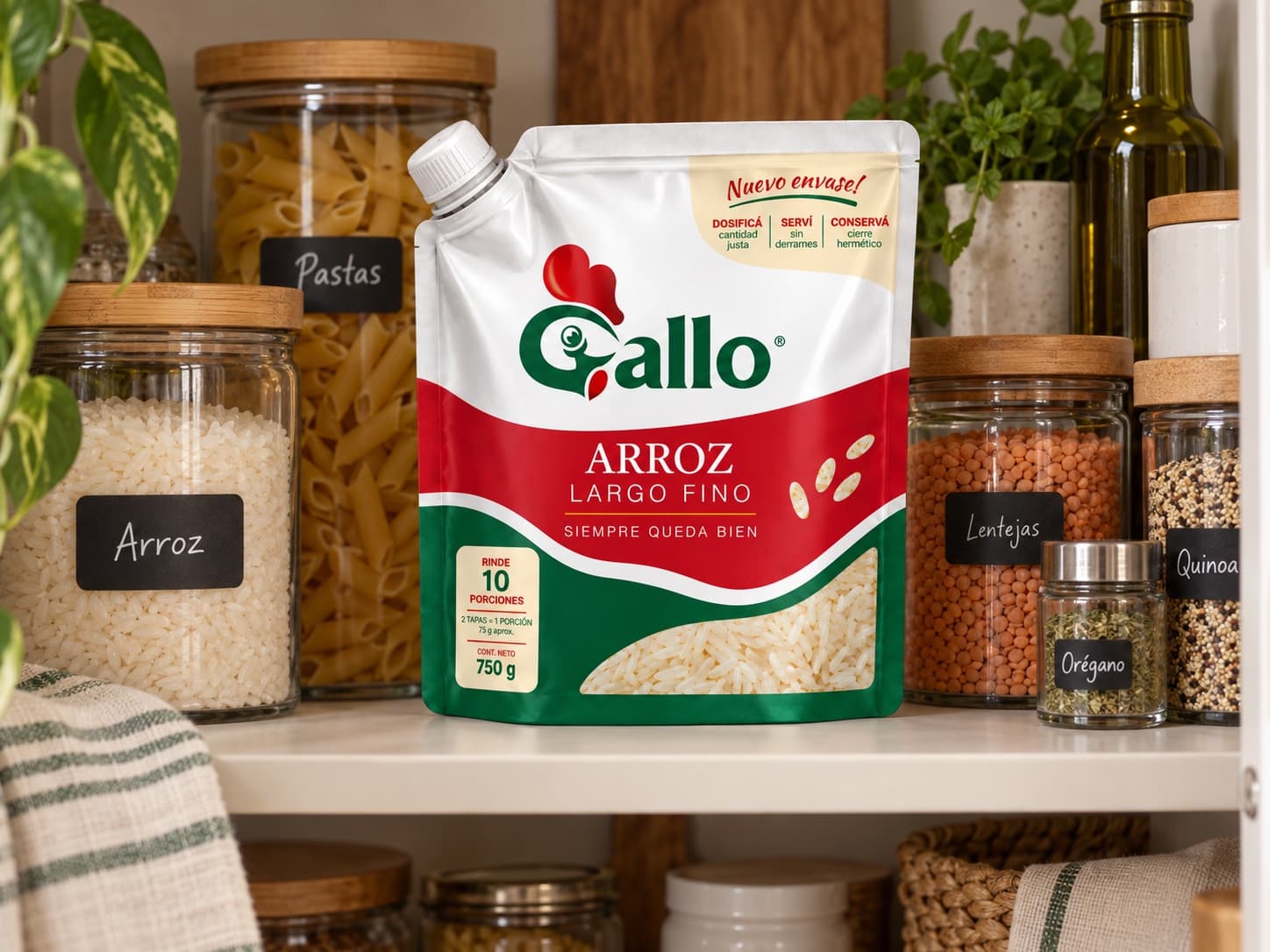 Envase Gallo de pie dentro de una alacena, junto a frascos de arroz, pastas, lentejas y quinoa