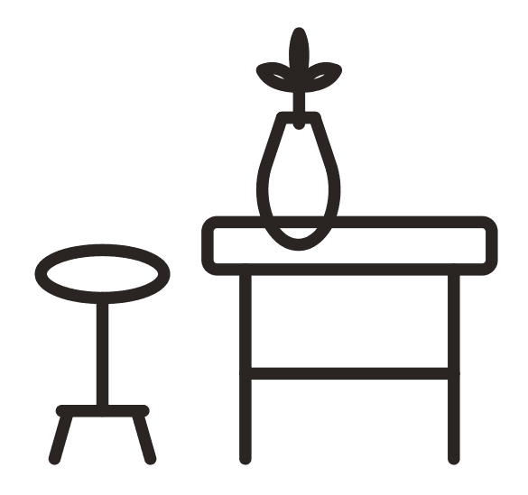 Composición de íconos: banqueta y mesa alta con florero