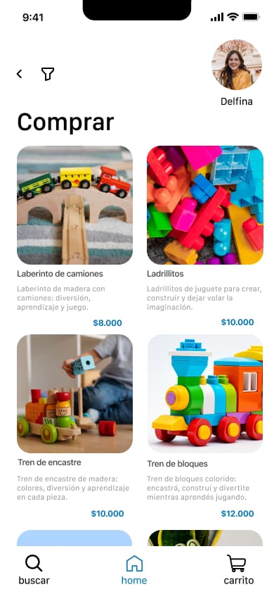 Pantalla «Comprar» de ReJuguetes con juguetes publicados y sus precios