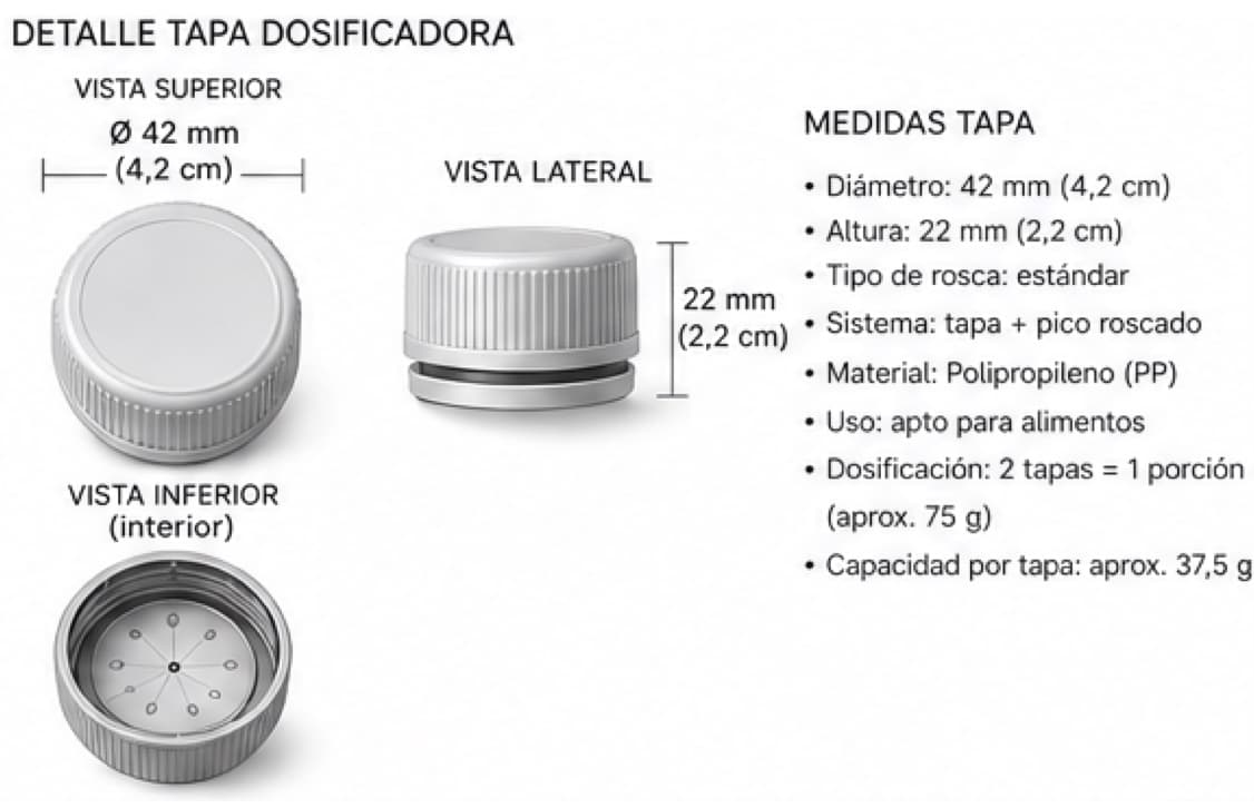 Plano de la tapa dosificadora: 42 mm de diámetro, 22 mm de alto, capacidad aprox. 37,5 g