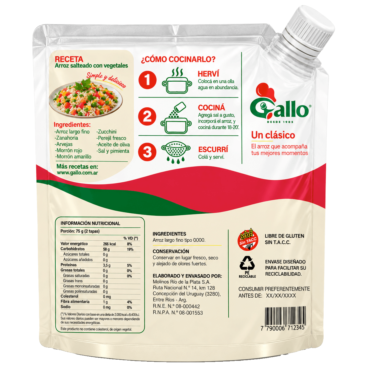 Dorso del envase Gallo: receta, pasos de preparación, información nutricional, ingredientes, conservación y datos legales