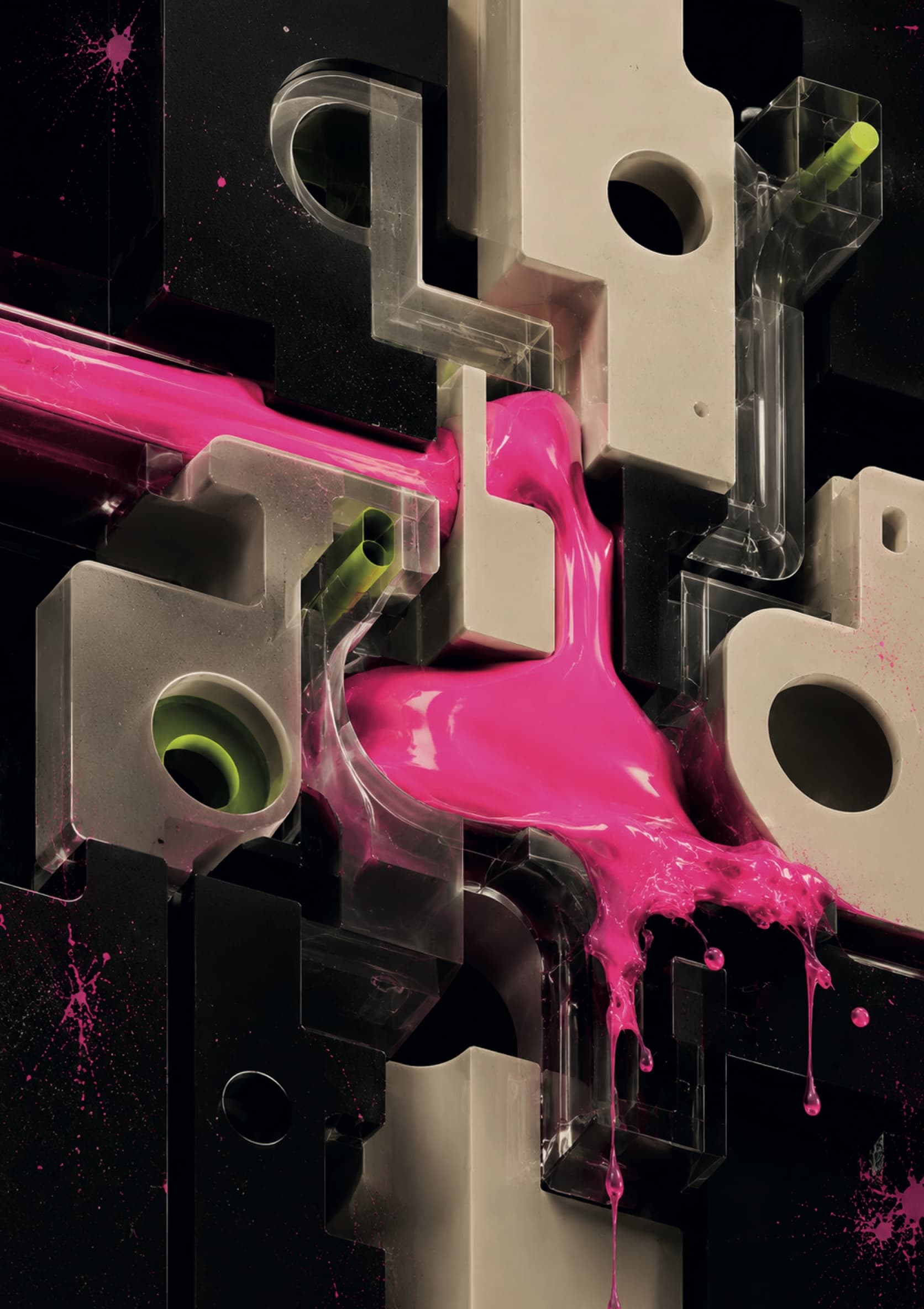 Exploración de Encajar: módulos tridimensionales atravesados por fluido fucsia