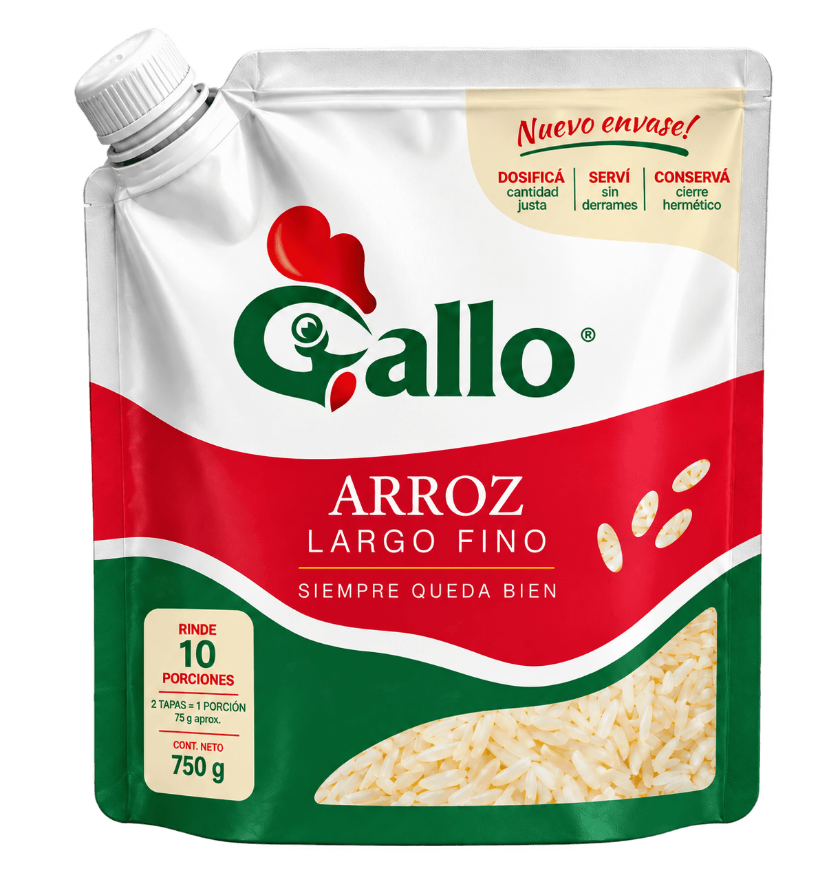 Envase de Gallo Arroz Largo Fino: doypack con pico y tapa, vista frontal