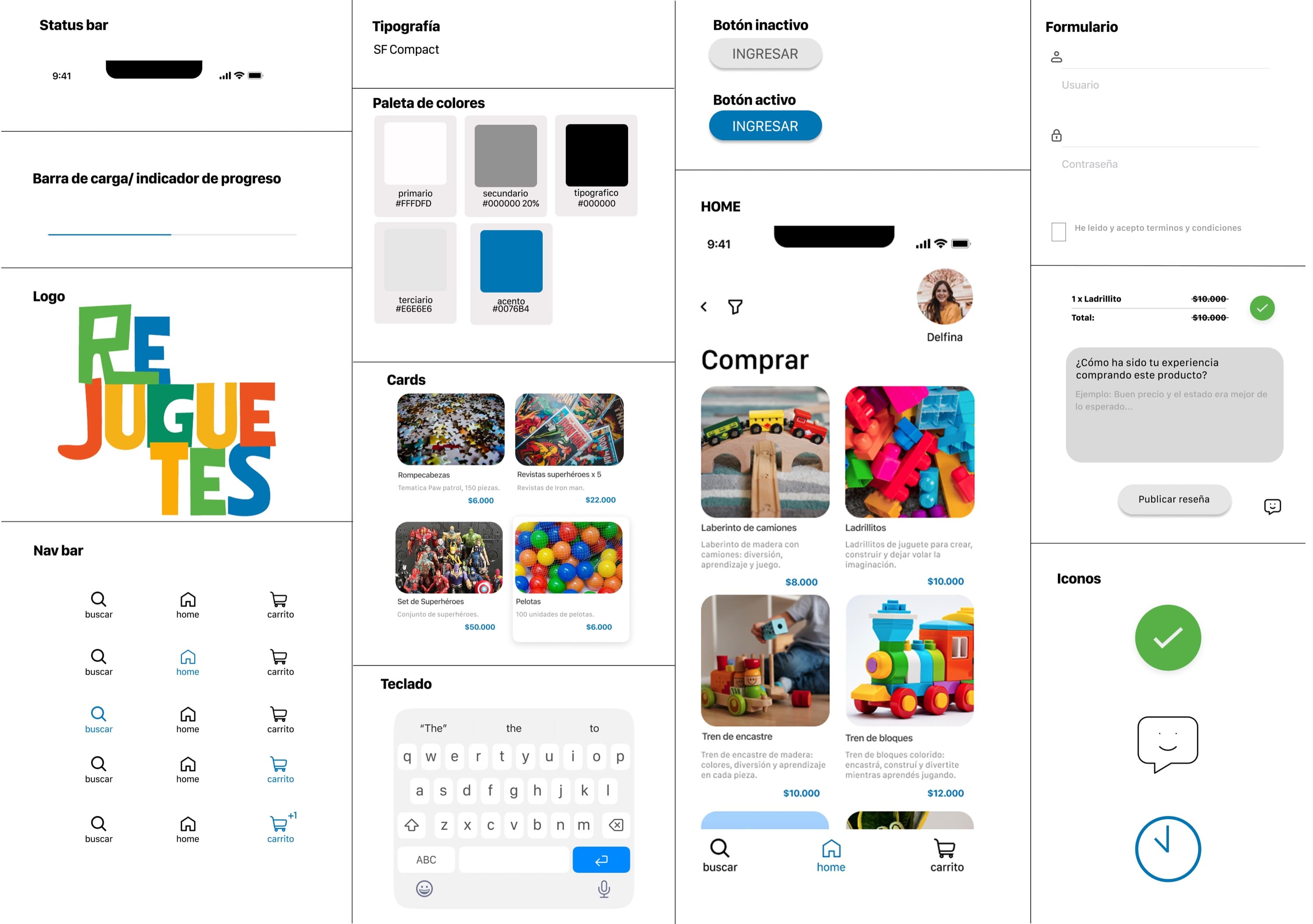 UI kit de ReJuguetes: estado de batería, tipografía Inter, paleta de colores, barra de carga, logo, cards de producto, botones activos e inactivos, formularios, chat, íconos y teclado