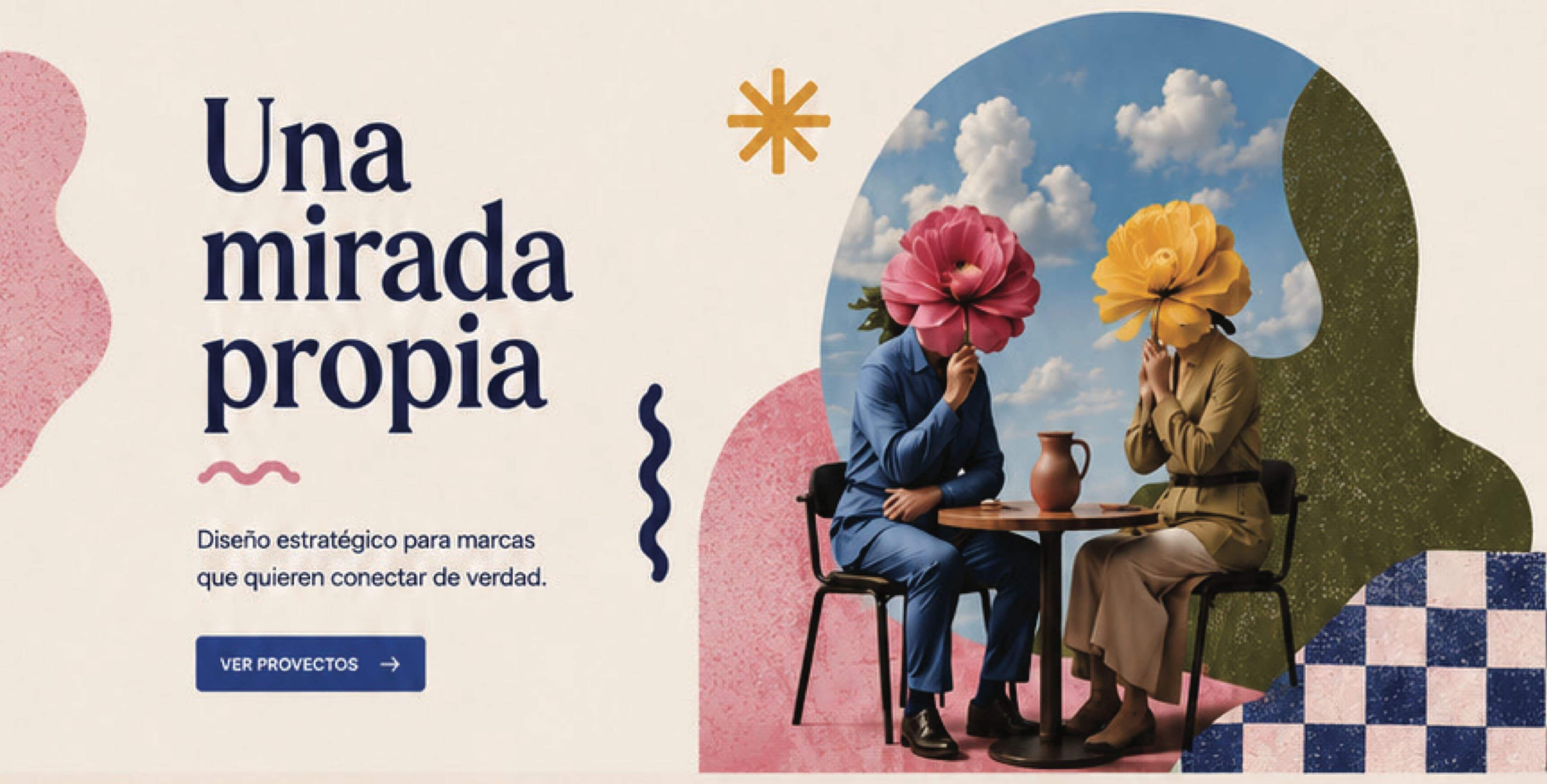 Hero de la landing de VERTAL: «Una mirada propia», con dos personajes enfrentados conversando en una mesa