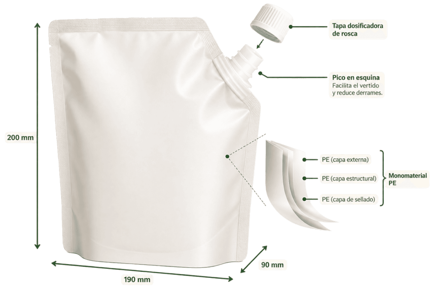 Doypack con tapa dosificadora de rosca, pico en esquina y detalle de las tres capas de PE monomaterial