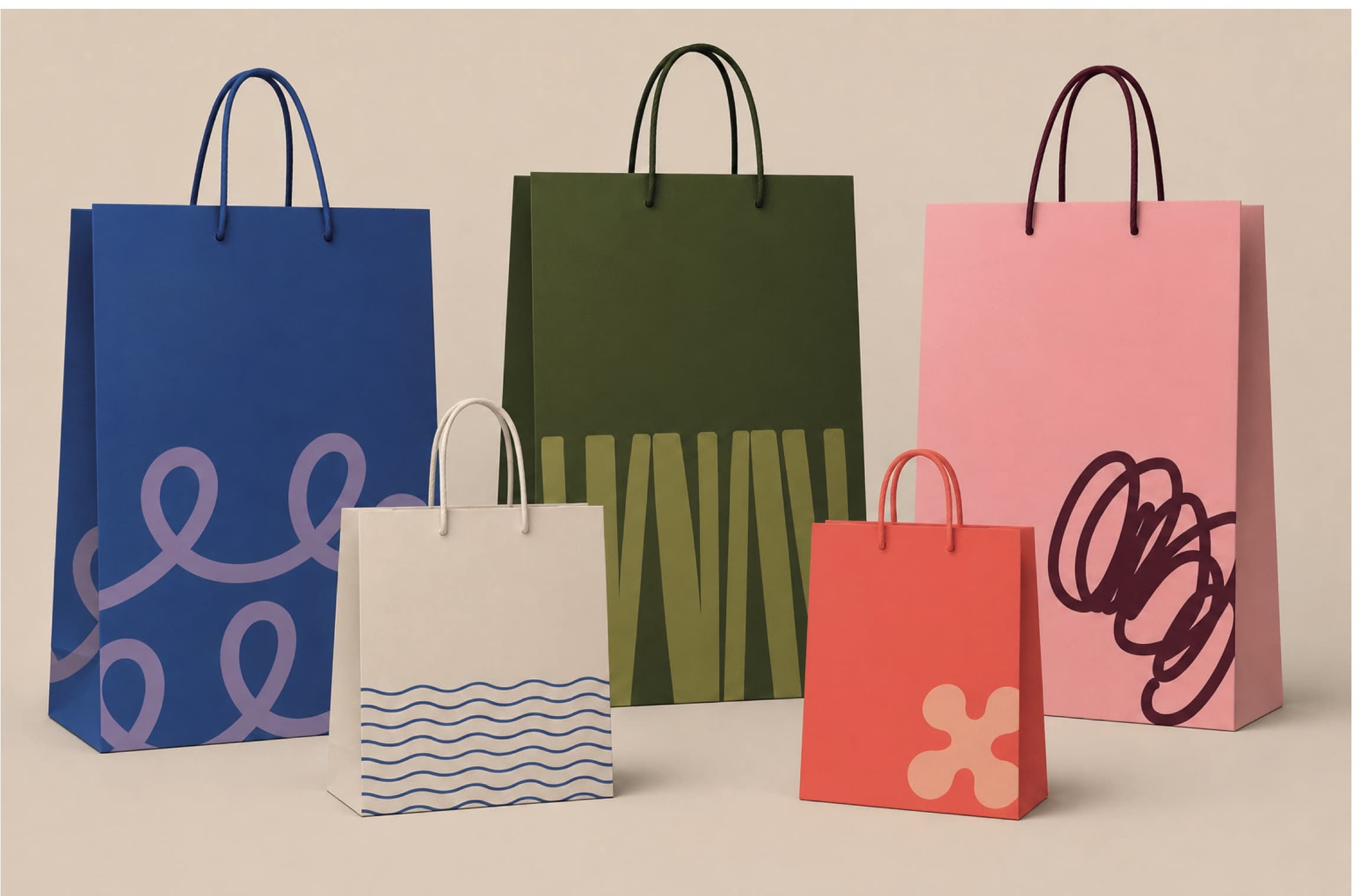Bolsas de packaging de VERTAL en azul, oliva, rosa y coral