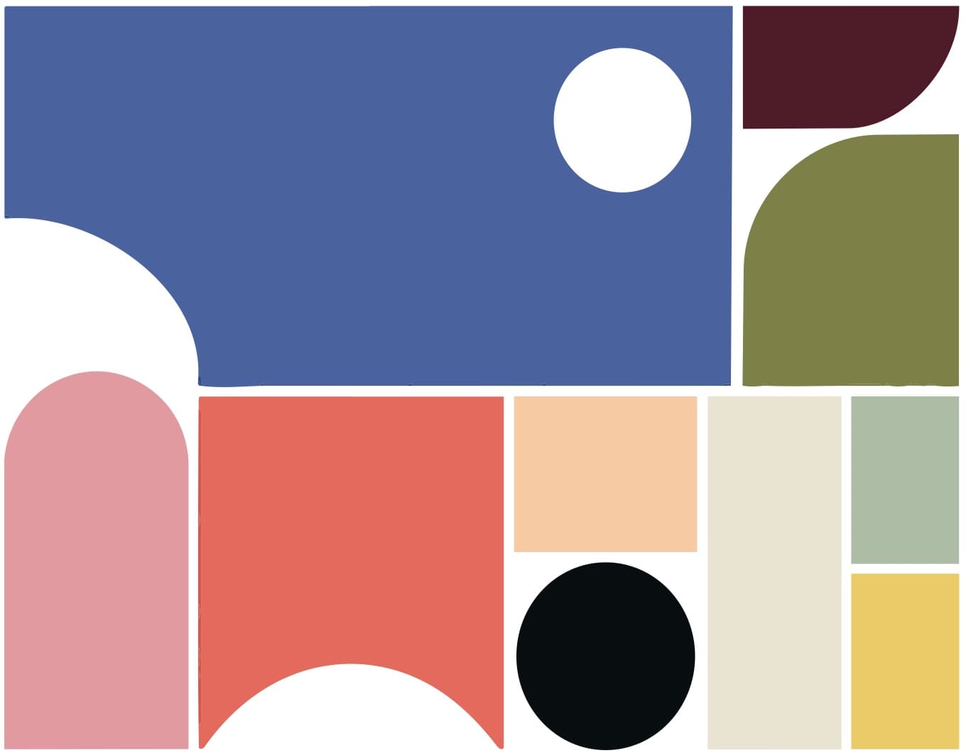 Paleta cromática de VERTAL compuesta en bloques: azul, bordó, oliva, rosa, coral, durazno, crema, verde salvia, amarillo y negro