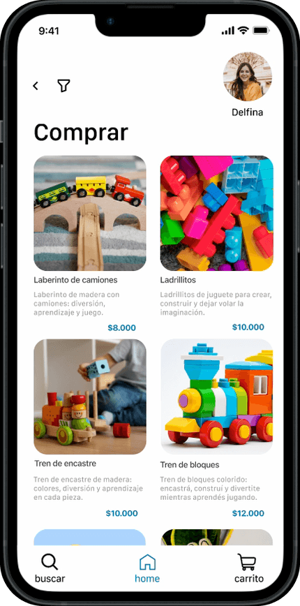Listado de juguetes en venta con foto, descripción y precio
