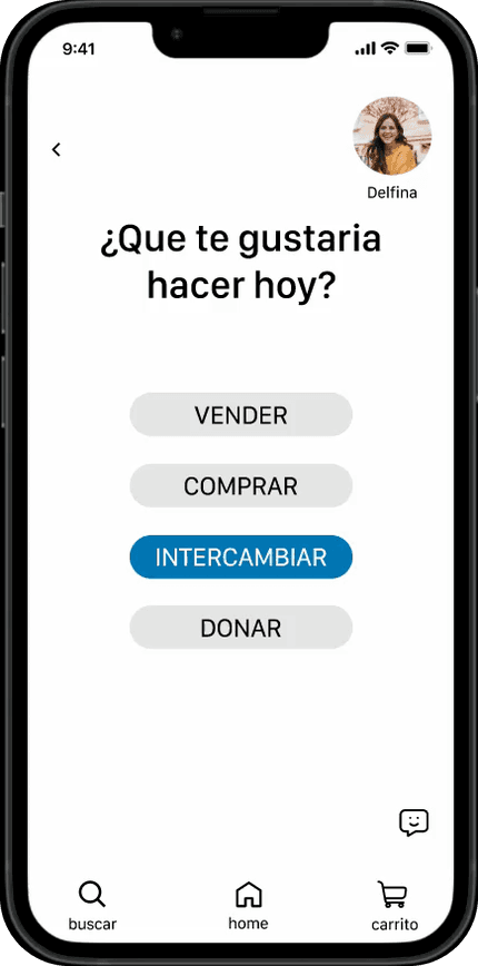 «¿Qué te gustaría hacer hoy?» con las opciones vender, comprar, intercambiar y donar