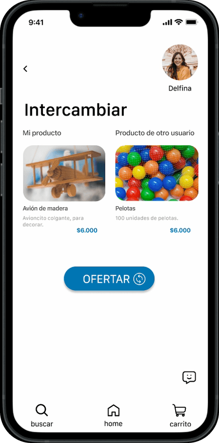 Intercambio: el producto propio frente al producto de otro usuario y el botón «Ofertar»