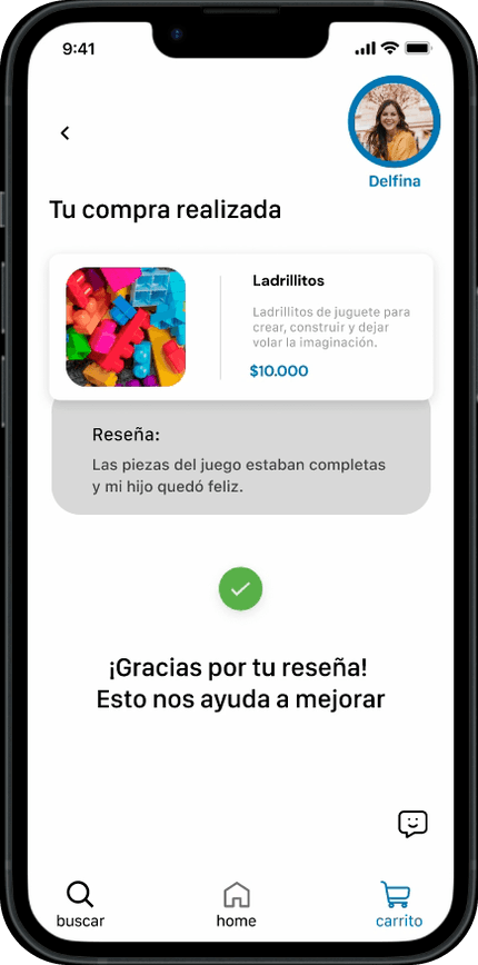Compra realizada con la reseña publicada y el mensaje «¡Gracias por tu reseña!»