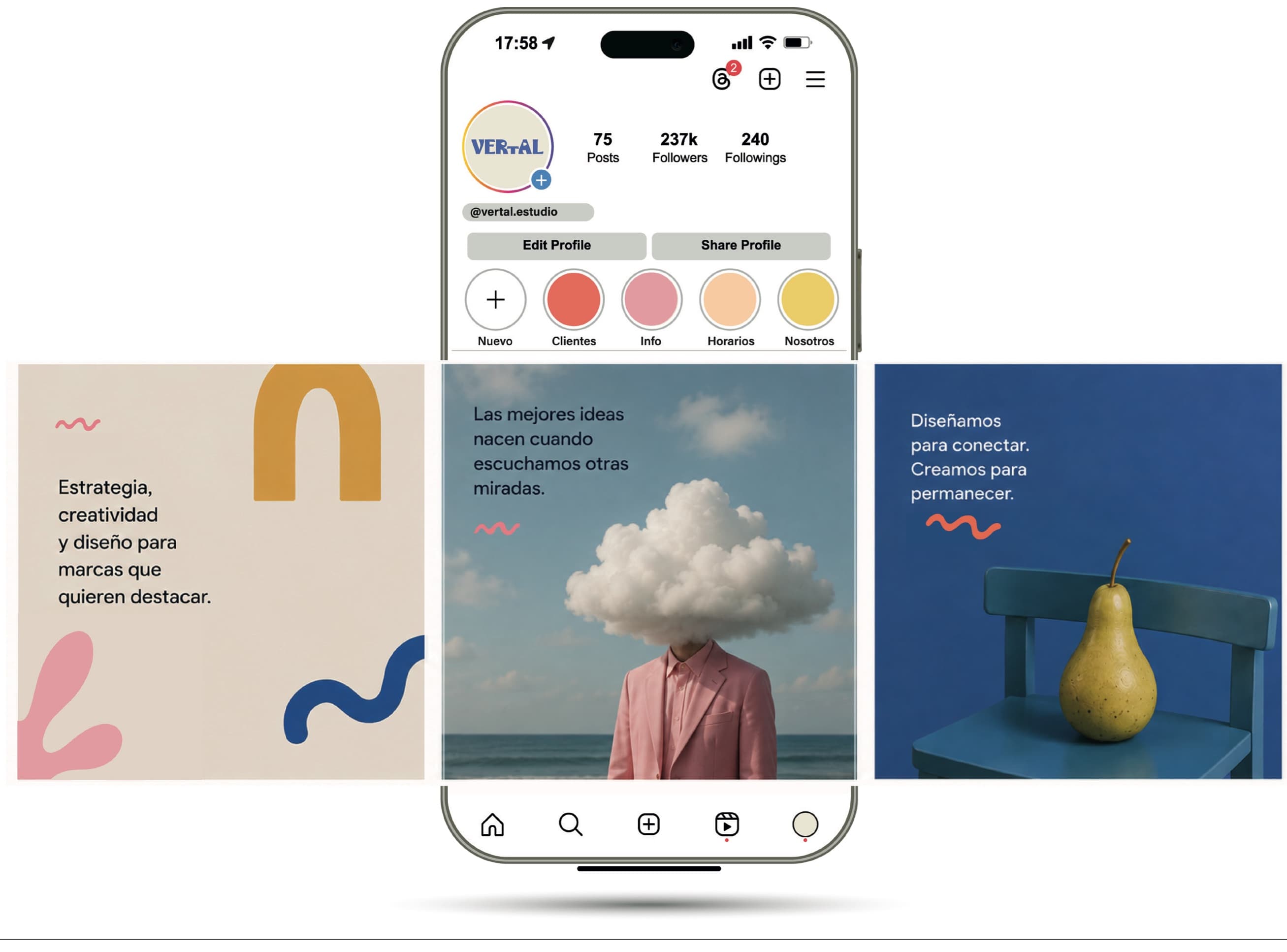Perfil de Instagram de VERTAL y publicaciones en un teléfono