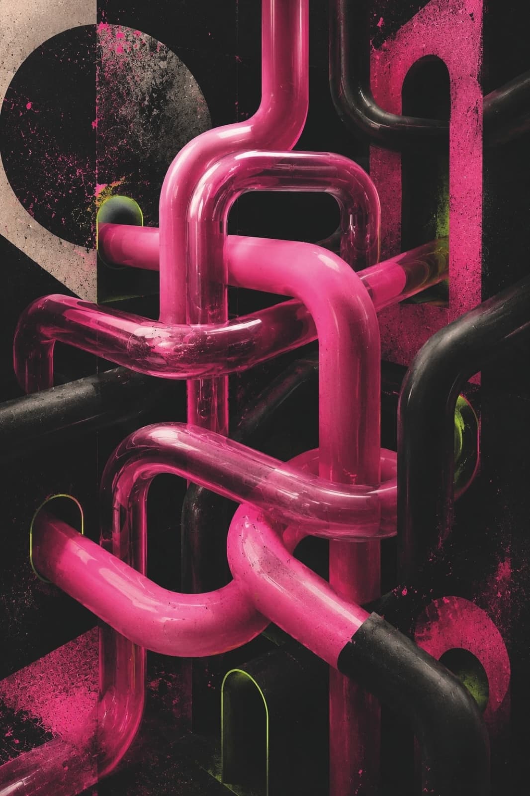 Render tridimensional de cadenas translúcidas fucsia y negras