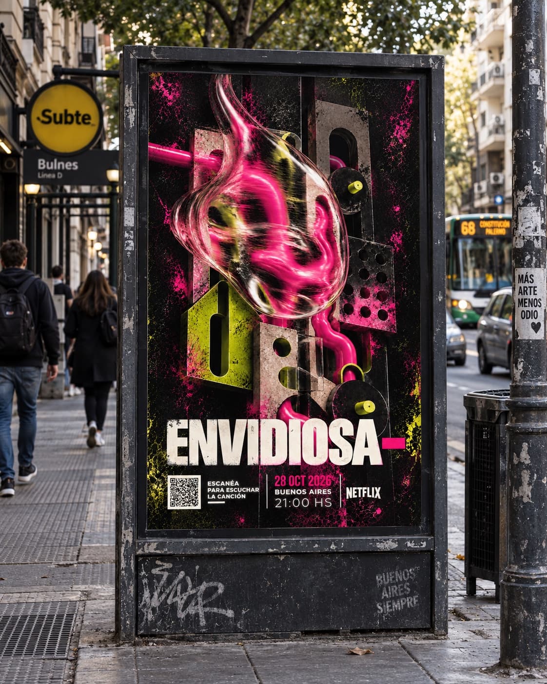 Aficheta Distorsión en un chupete publicitario de una vereda porteña