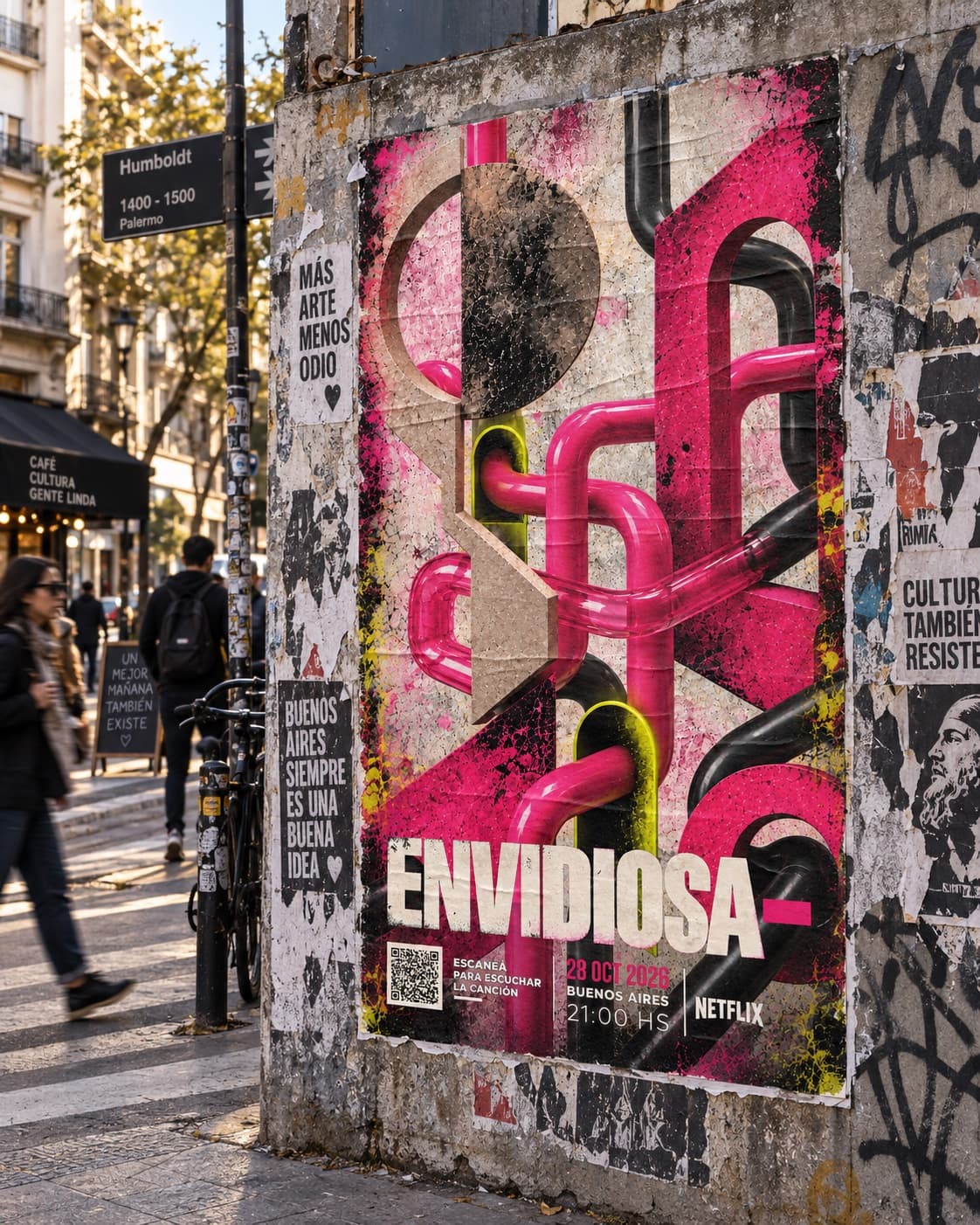Aficheta Loop pegada sobre una columna urbana con afiches