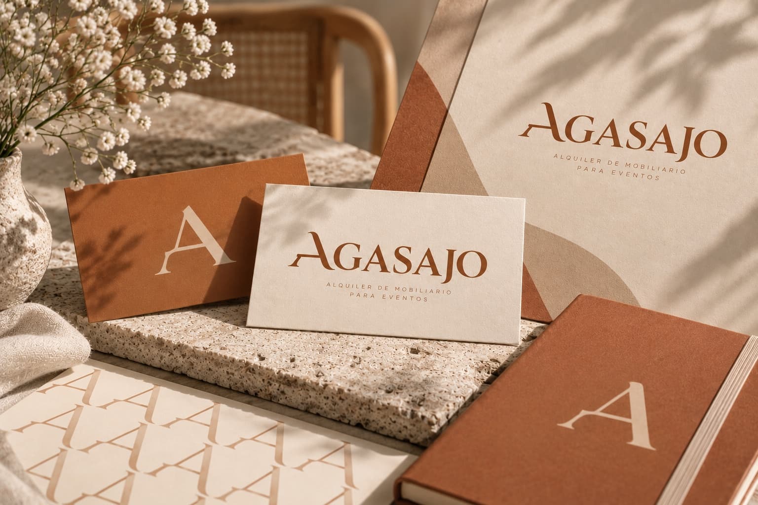 Papelería de Agasajo en tonos tierra: tarjetas, carpeta, agenda y trama de la A