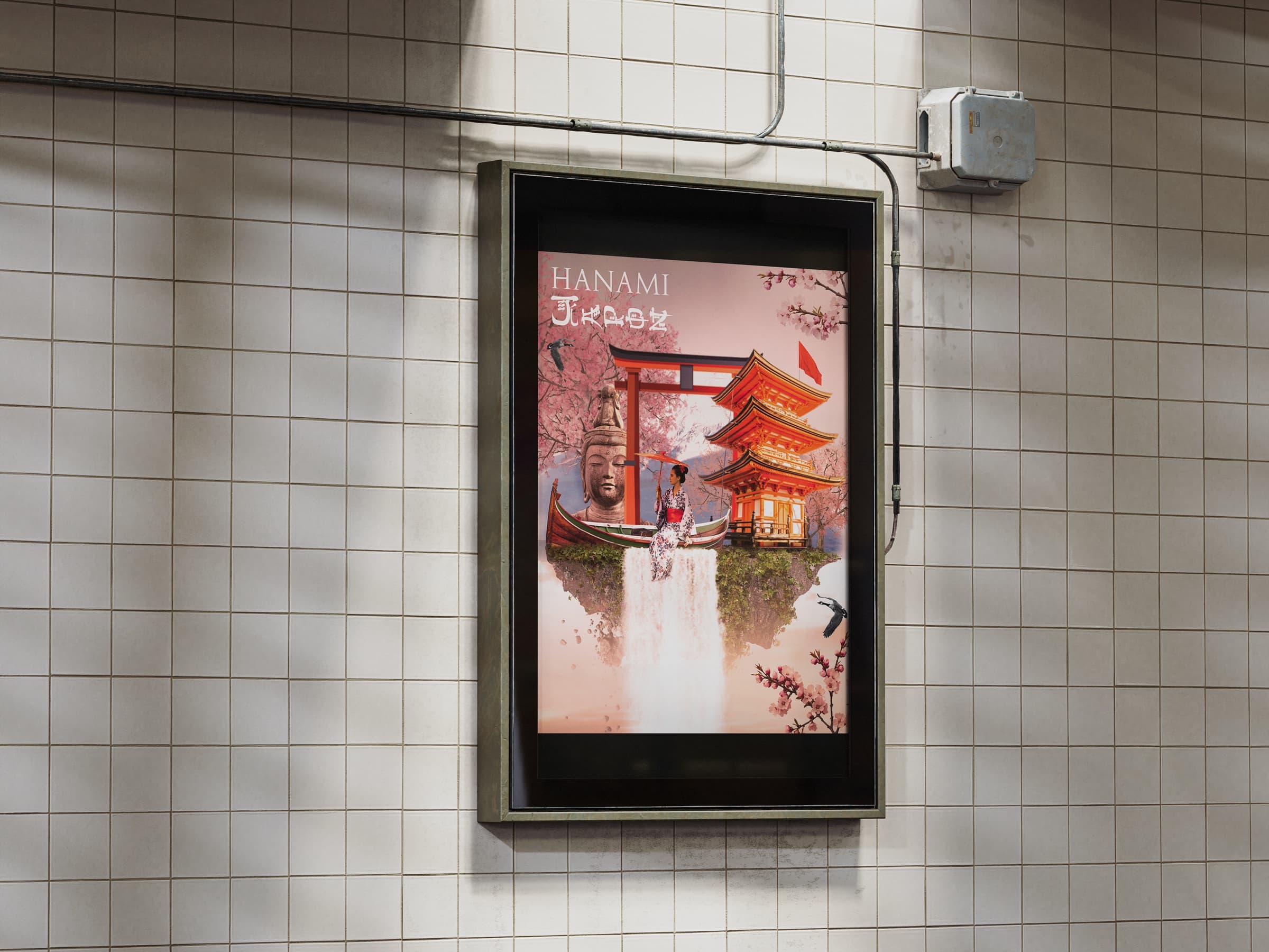 Afiche Hanami en un cartel retroiluminado sobre una pared de azulejos