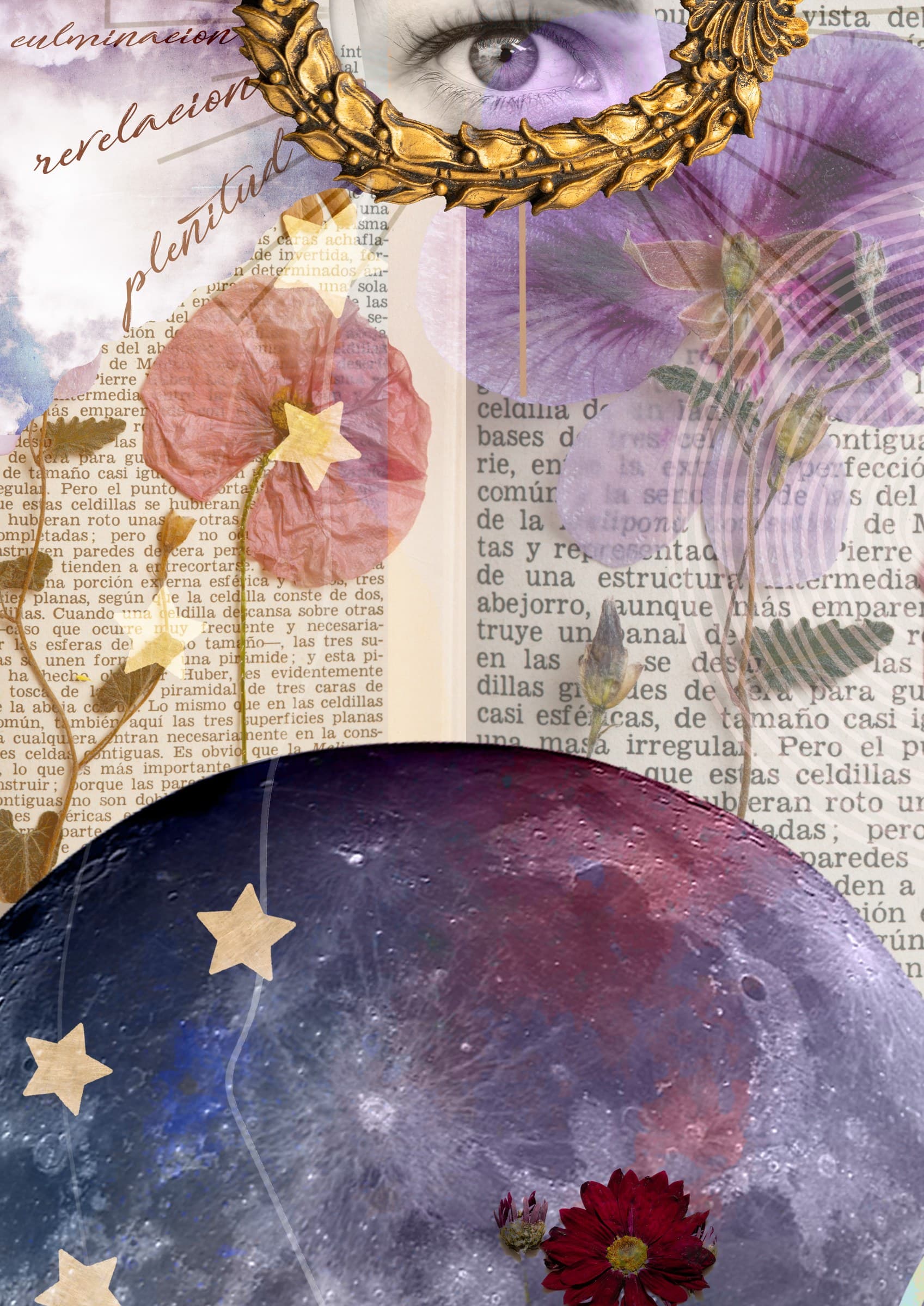 Collage «Plenitud» de la serie Cuatro lunas: un ojo en un marco dorado sobre la luna