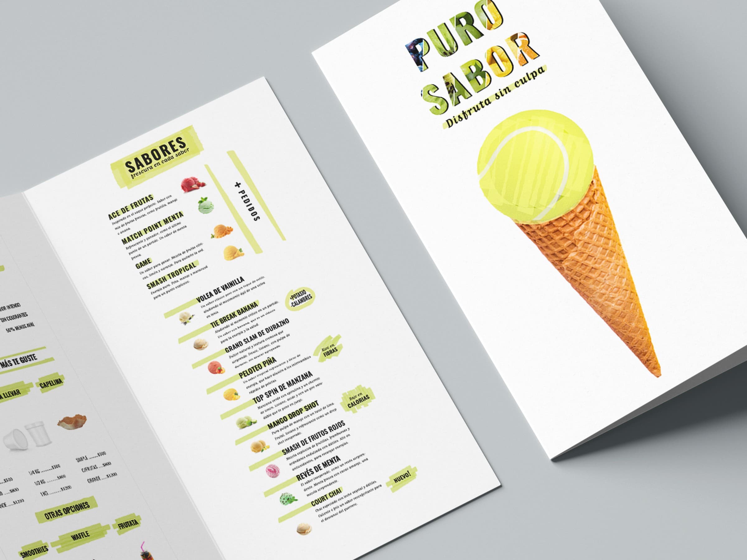Díptico de Puro Sabor abierto: tapa con el helado y el interior con opciones y sabores