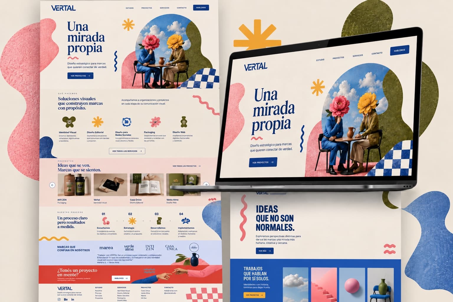 Landing de VERTAL y su versión alternativa, con una notebook mostrando «Una mirada propia»
