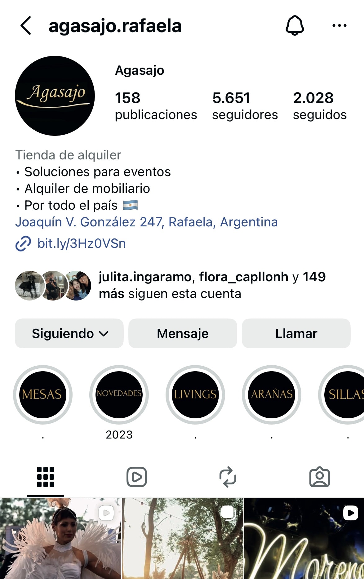 Perfil de Instagram original de Agasajo, con el logotipo caligráfico dorado sobre negro