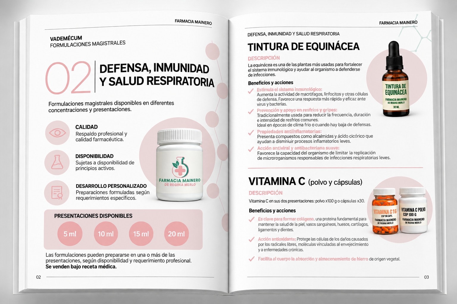 Vademécum impreso abierto: apertura 02 Defensa, inmunidad y salud respiratoria junto a las fichas de equinácea y vitamina C