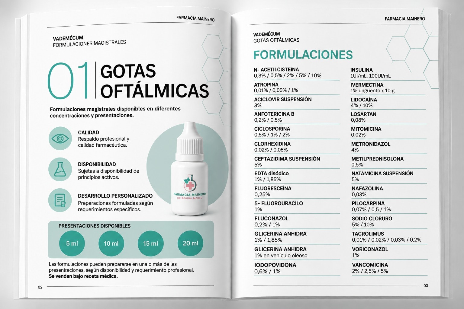 Vademécum impreso abierto: apertura 01 Gotas oftálmicas junto a la tabla de formulaciones