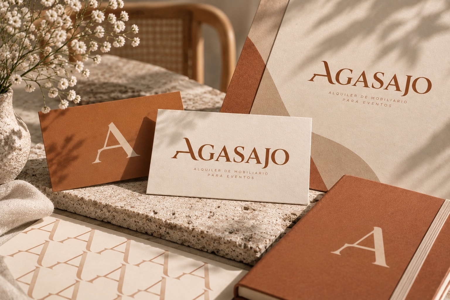 Papelería de Agasajo en tonos tierra: tarjetas, carpeta, agenda y trama de la A